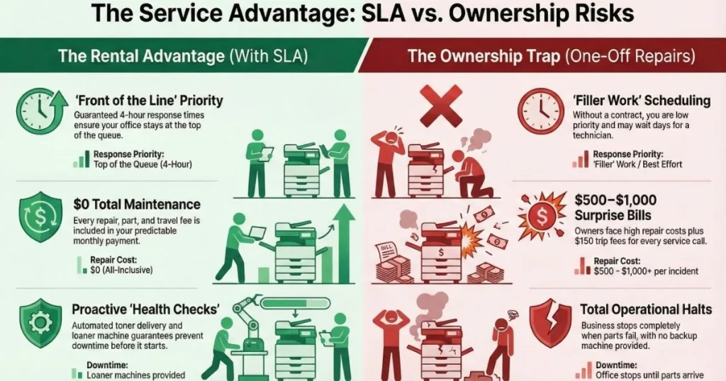 Comparison chart for Des Moines offices showing rental benefits like guaranteed 4-hour response times versus ownership risks like $1,000 surprise repair bills.