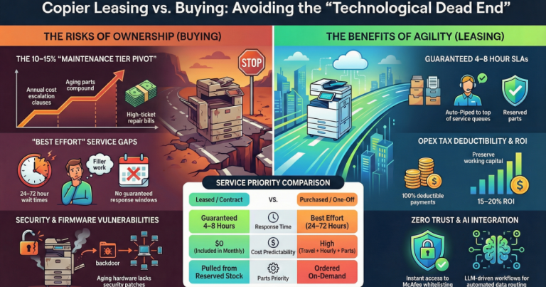 Infographic for Des Moines businesses comparing copier ownership risks like 24-72 hour service gaps versus leasing benefits like guaranteed 4-8 hour SLAs.