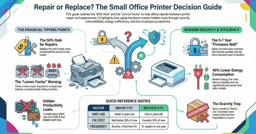 A financial tipping point matrix for Printer Repair in Des Moines businesses, highlighting the scarcity trap and firmware security barriers.