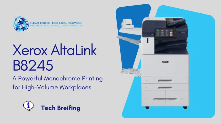 Xerox AltaLink B8245 black-and-white multifunction printer with high-capacity tandem tray and touchscreen at 2600 Grand Ave, Des Moines, IA.