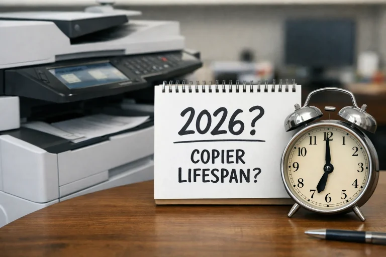 A desktop calendar and alarm clock next to an office copier questioning the average machine lifespan for Des Moines businesses in 2026.