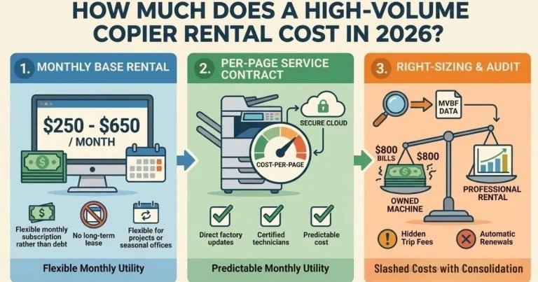 Infographic showing a Des Moines Copier Rental Cost between $250 and $650 per month, featuring flexible monthly subscriptions and no long-term debt.