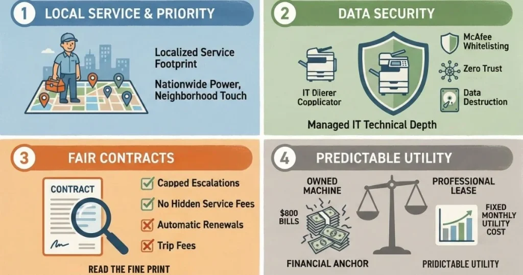 Four-step guide to a Reliable Copier Lease in Des Moines, covering local service footprints, Data Security, Fair Contracts, and Predictable Utility.