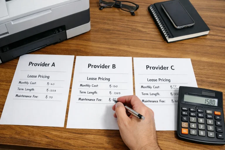 A professional in Des Moines comparing copier lease pricing quotes from three different providers including monthly costs and maintenance fees.