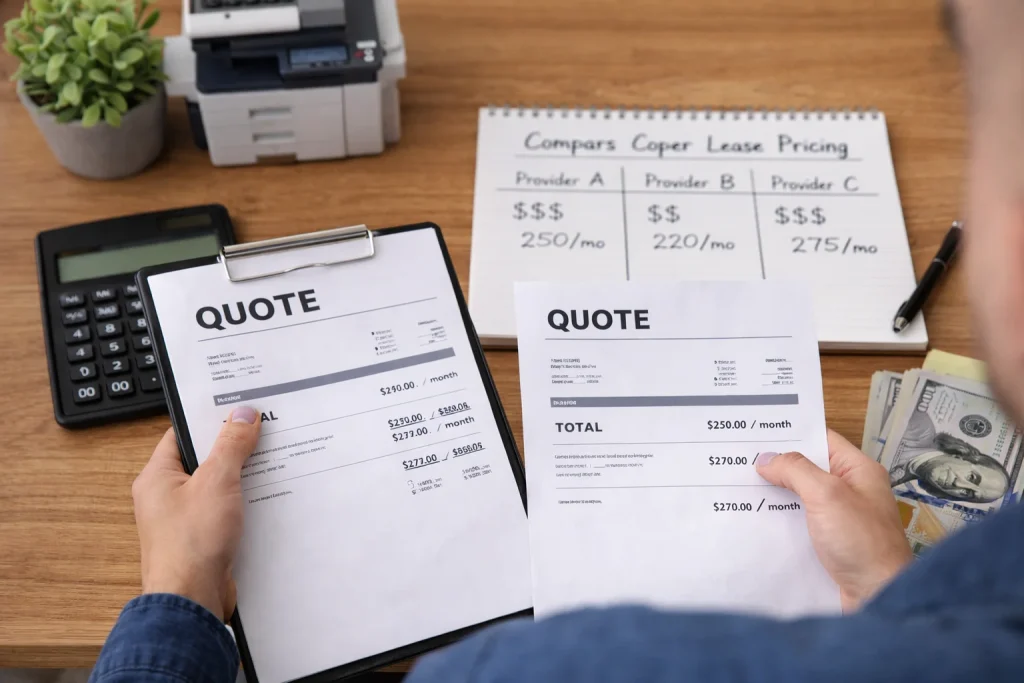 Close-up of an office manager at 2600 Grand Ave reviewing copier lease pricing quote papers and cash for office equipment.