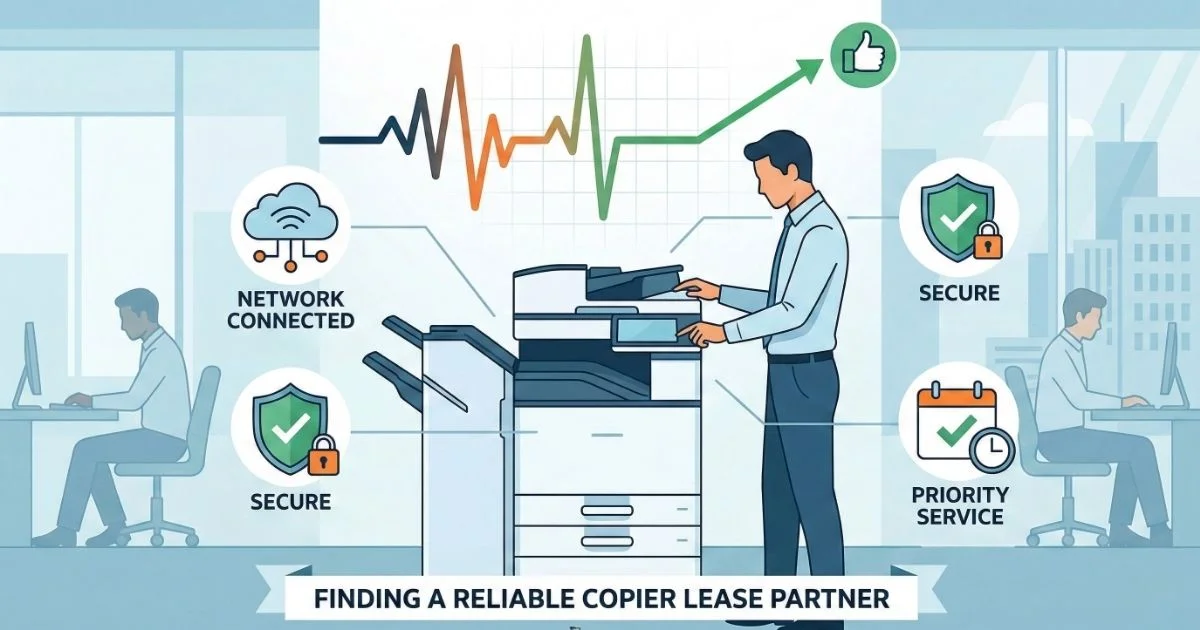 A professional technician providing a Reliable Copier Lease in Des Moines, featuring 4-hour SLAs, secure network connectivity, and priority service.