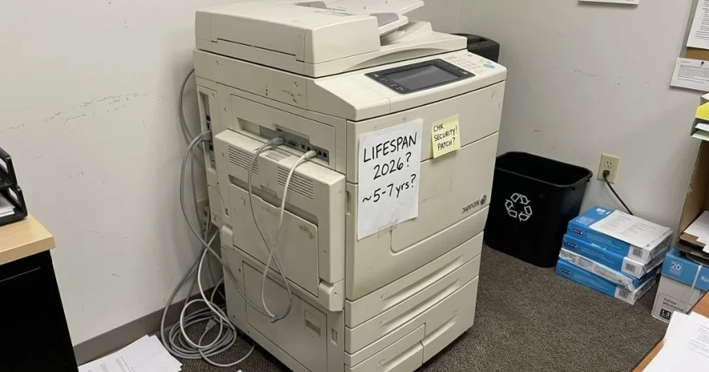 n older Xerox copier in a Des Moines office corner with a handwritten note regarding its 2026 lifespan and security patch requirements.