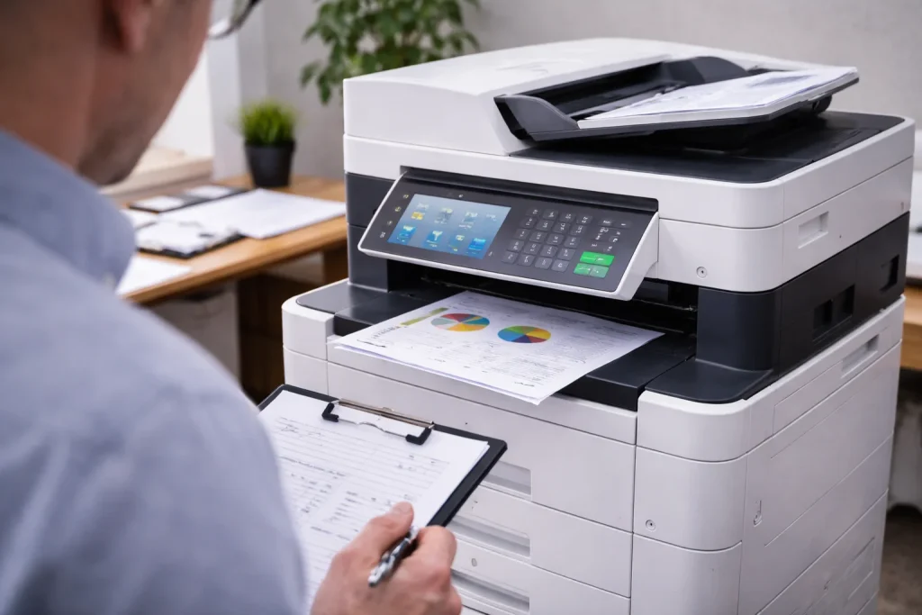 An office worker at 2600 Grand Ave reviewing high-quality color charts from enterprise-grade multifunction copiers.