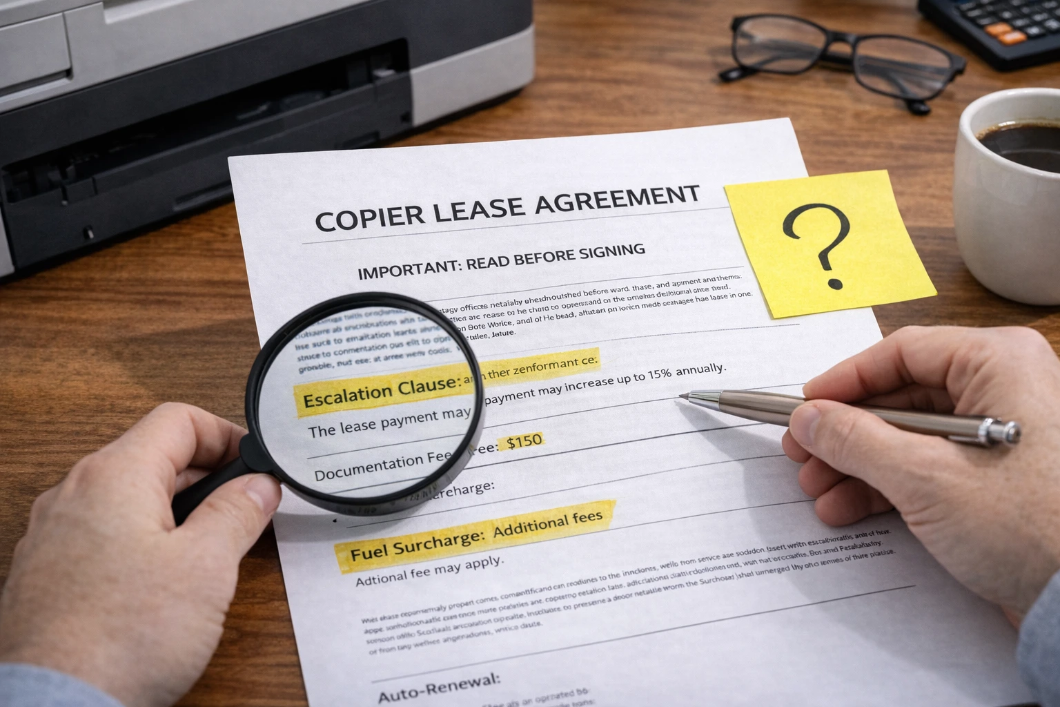 A business owner using a magnifying glass to inspect the fine print of Des Moines Copier Lease Agreements.
