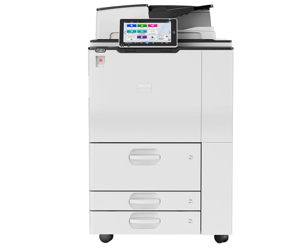 A high-capacity Ricoh multi-function printer receiving professional on-site diagnostic and repair services in a Des Moines corporate office.